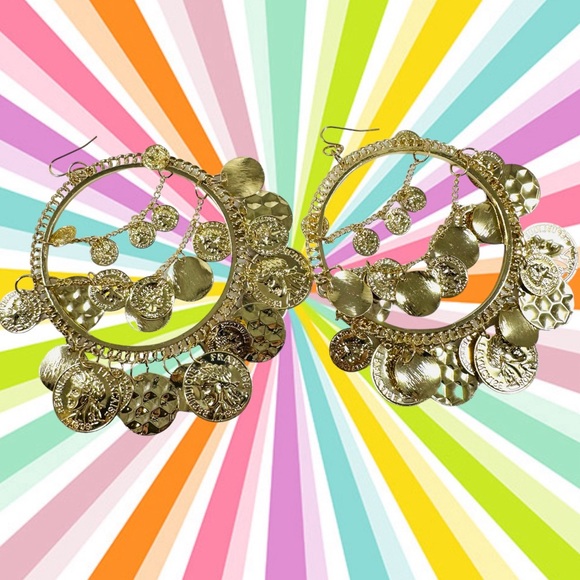 House Of Adornments Jewelry - Giant gold Tone Gypsy Hoop earrings covered in gold coin charms